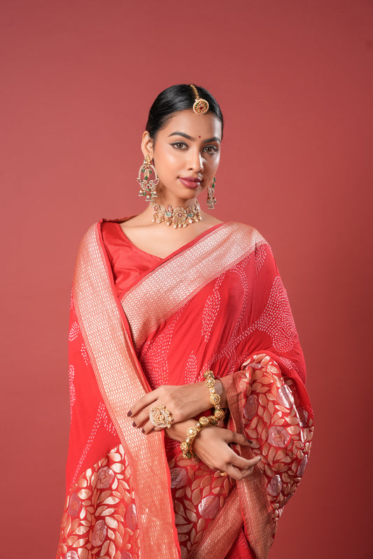 Pure Banarasi Georgette Bandhani Saree - Kusumroj