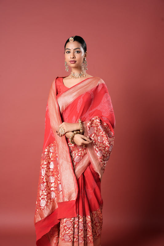 Pure Banarasi Georgette Bandhani Saree - Kusumroj